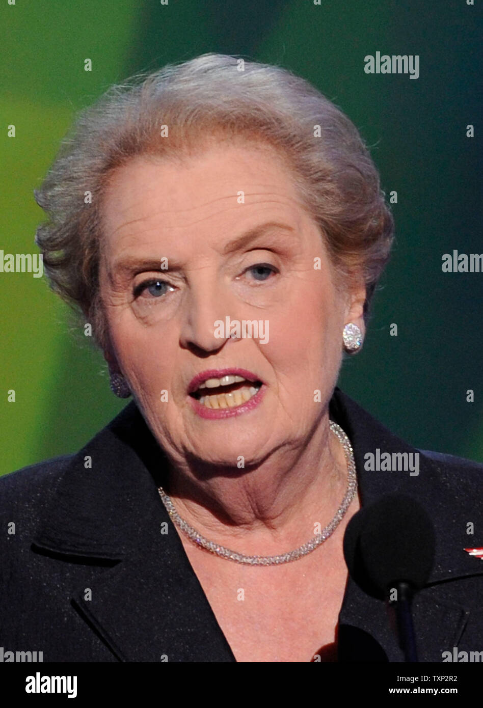 Former Secretary of State Madeline Albright delivers remarks during the third day of the Democratic National Convention at the Pepsi Center in Denver on August 27, 2008. (UPI Photo/Kevin Dietsch) Stock Photo