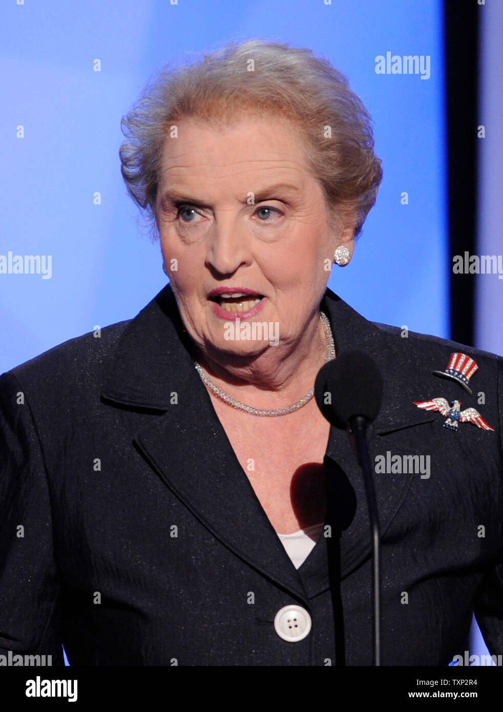 Former Secretary of State Madeline Albright delivers remarks during the third day of the Democratic National Convention at the Pepsi Center in Denver on August 27, 2008. (UPI Photo/Kevin Dietsch) Stock Photo