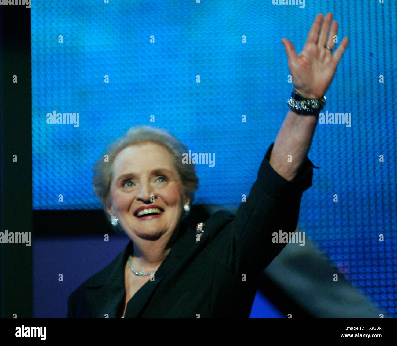Former Secretary of State Madeline Albright waves before she speaks at the Democratic National Convention at the Pepsi Center in Denver, Colorado on August 27, 2008.  (UPI Photo/Brian Kersey) Stock Photo