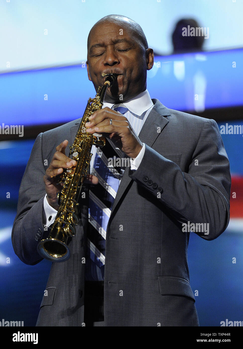 Branford Marsalis plays the National Anthem at the Time Warner Cable Arena during the Democratic National Convention in Charlotte, North Carolina on September 5, 2012.          UPI/Mike Theiler Stock Photo