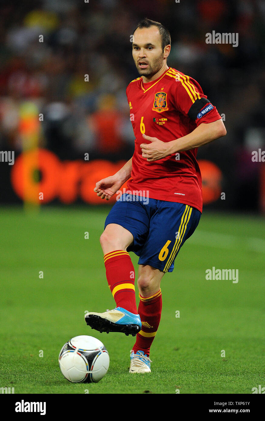 Andres Iniesta of Spain moves the ball during the Euro 2012 Semi-Final match at Donbass Arena in Donetsk, Ukraine on June 27, 2012. UPI/Chris Brunskill Stock Photo