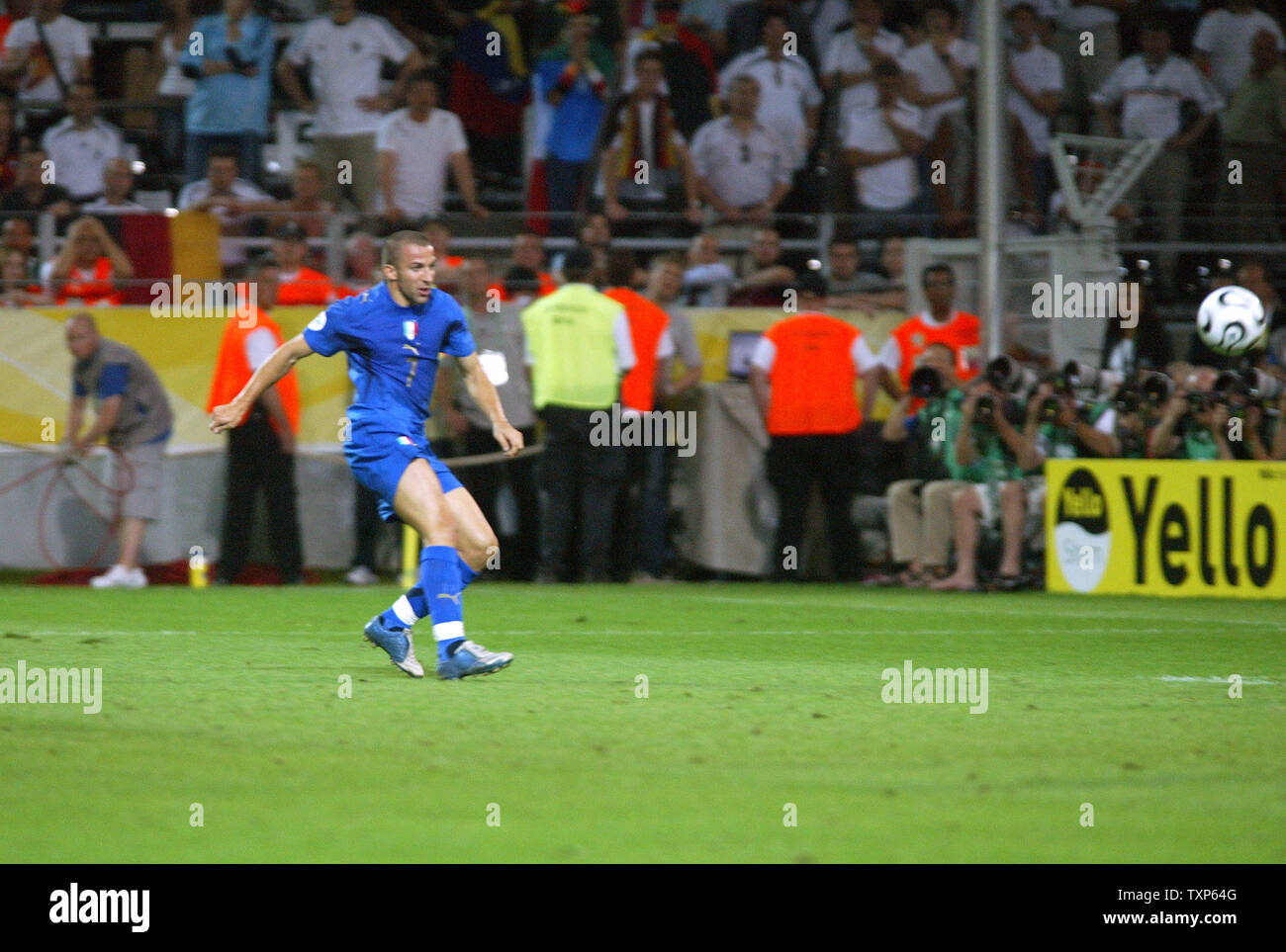 Alessandro del Piero shoots at goal and makes the 0:2 lead for Italy during World Cup soccer in Dortmund, Germany on July 4, 2006.  Italy defeated Germany 2-0.   (UPI Photo/Arthur Thill) Stock Photo