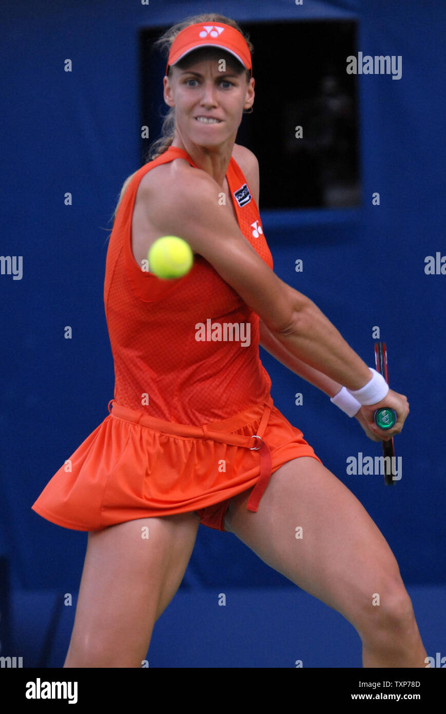 The world No. 4, Elena Dementieva from Russia returns the ball from her opponent Anabel Medina Garrigues from Spain on the fourth day of the Women's Dubai Championships,  Wednesday February 18, 2009.  (UPI Photo/Norbert Schiller) Stock Photo