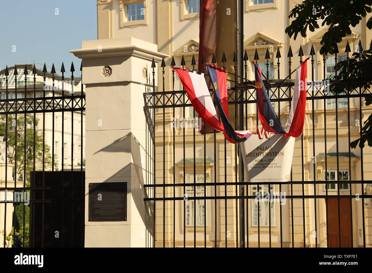 Information sign on the fence of Palais Liechtenstein, Vienna Stock Photo