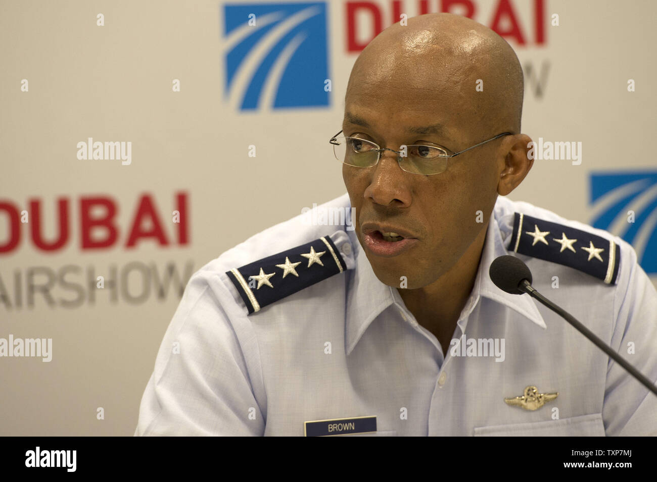 Lt. Gen. Charles Q. Brown Jr., U.S. Air Forces Central Command commander, answers questions during a press conference at the 2015 Dubai Air Show on November 10, 2015 in Dubai, UAE. The air show is a biennial event and is recognized as the premier aviation and air industry event in the Gulf and Middle East region and is one of the largest air shows in the world.   U.S. Air Force Photo by Nathan Lipscomb/UPI Stock Photo