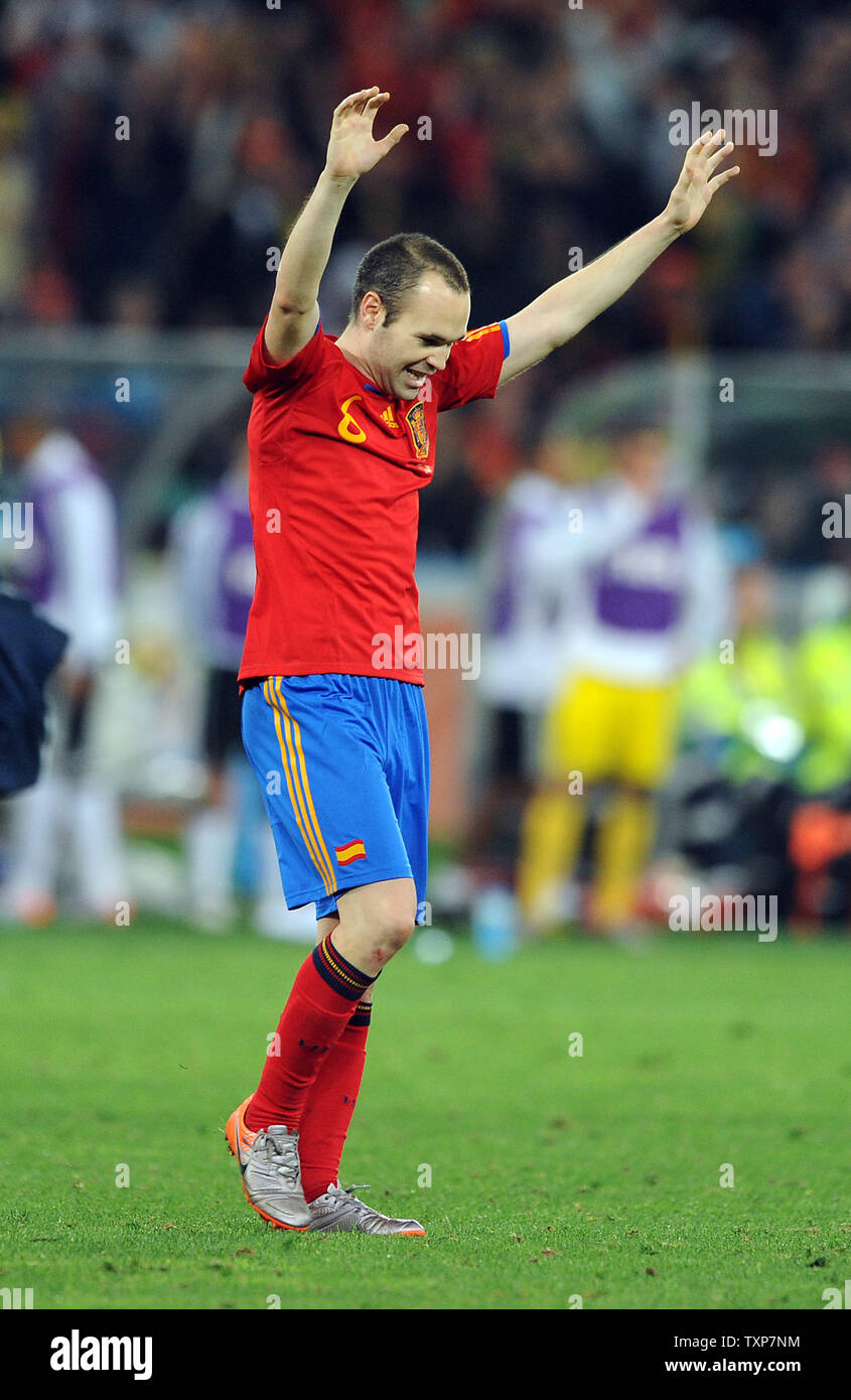 Andres Iniesta of Spain celebrates at full-time following the FIFA World Cup Semi Final match at the Moses Mabhida Stadium in Durban, South Africa on July 7, 2010. UPI/Chris Brunskill Stock Photo
