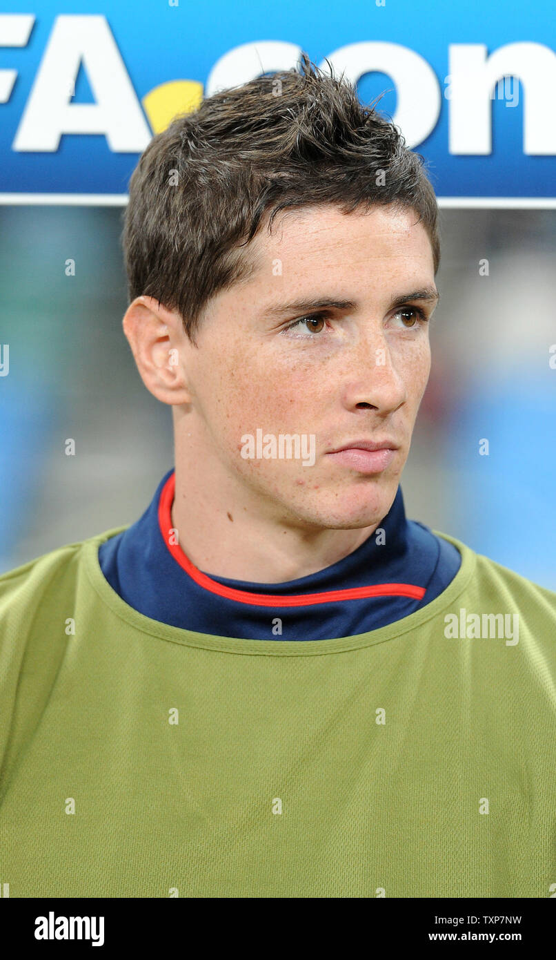 Fernando Torres of Spain looks on from the bench prior to the FIFA World Cup Semi Final match at the Moses Mabhida Stadium in Durban, South Africa on July 7, 2010. UPI/Chris Brunskill Stock Photo