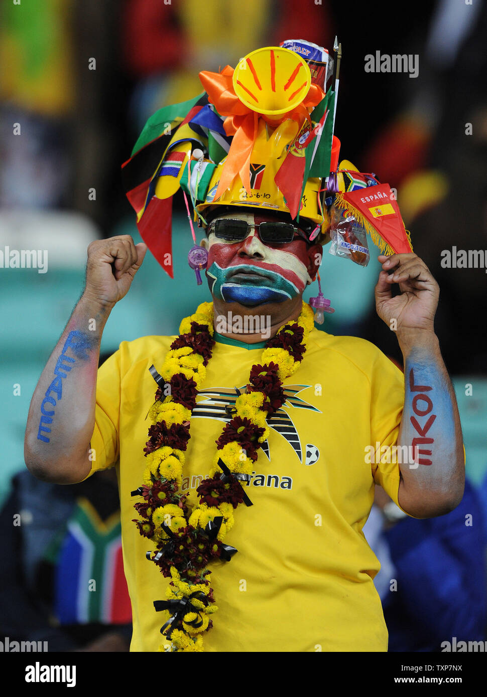A local fan looks on prior to the FIFA World Cup Semi Final match at the Moses Mabhida Stadium in Durban, South Africa on July 7, 2010. UPI/Chris Brunskill Stock Photo