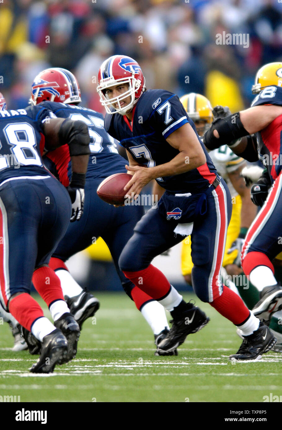 J.P. Losman (7), quarterback for the Buffalo Bills, calls a play behind  center Trey Teague (70) in a 14-3 win against the Kansas City Chiefs on November  13, 2005 at Ralph Wilson