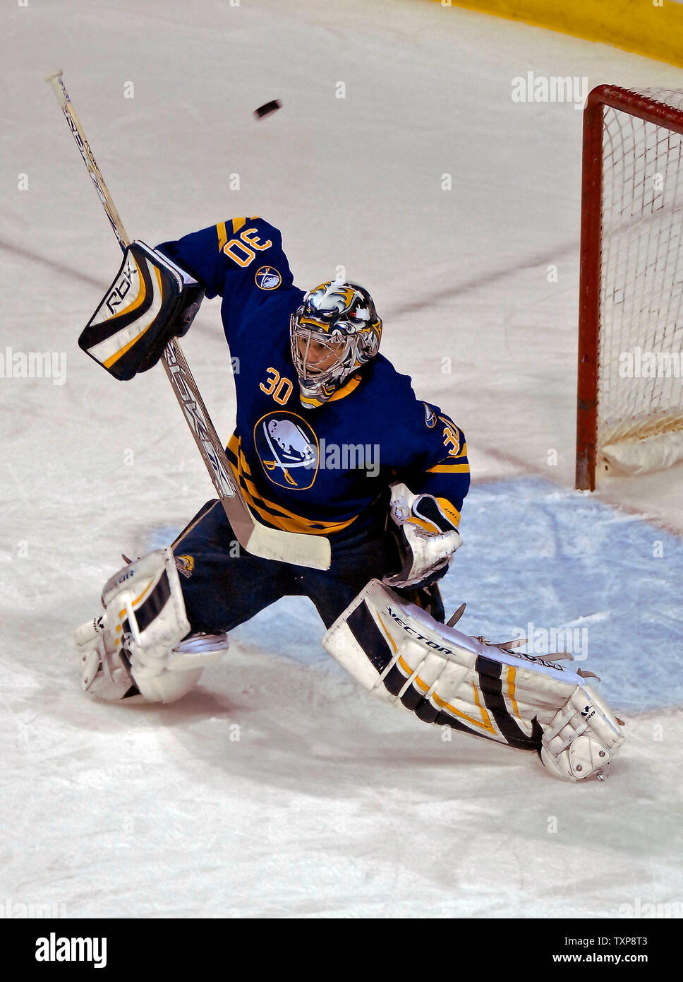 Buffalo Sabres goalie Ryan Miller (30) keeps his eye on the puck