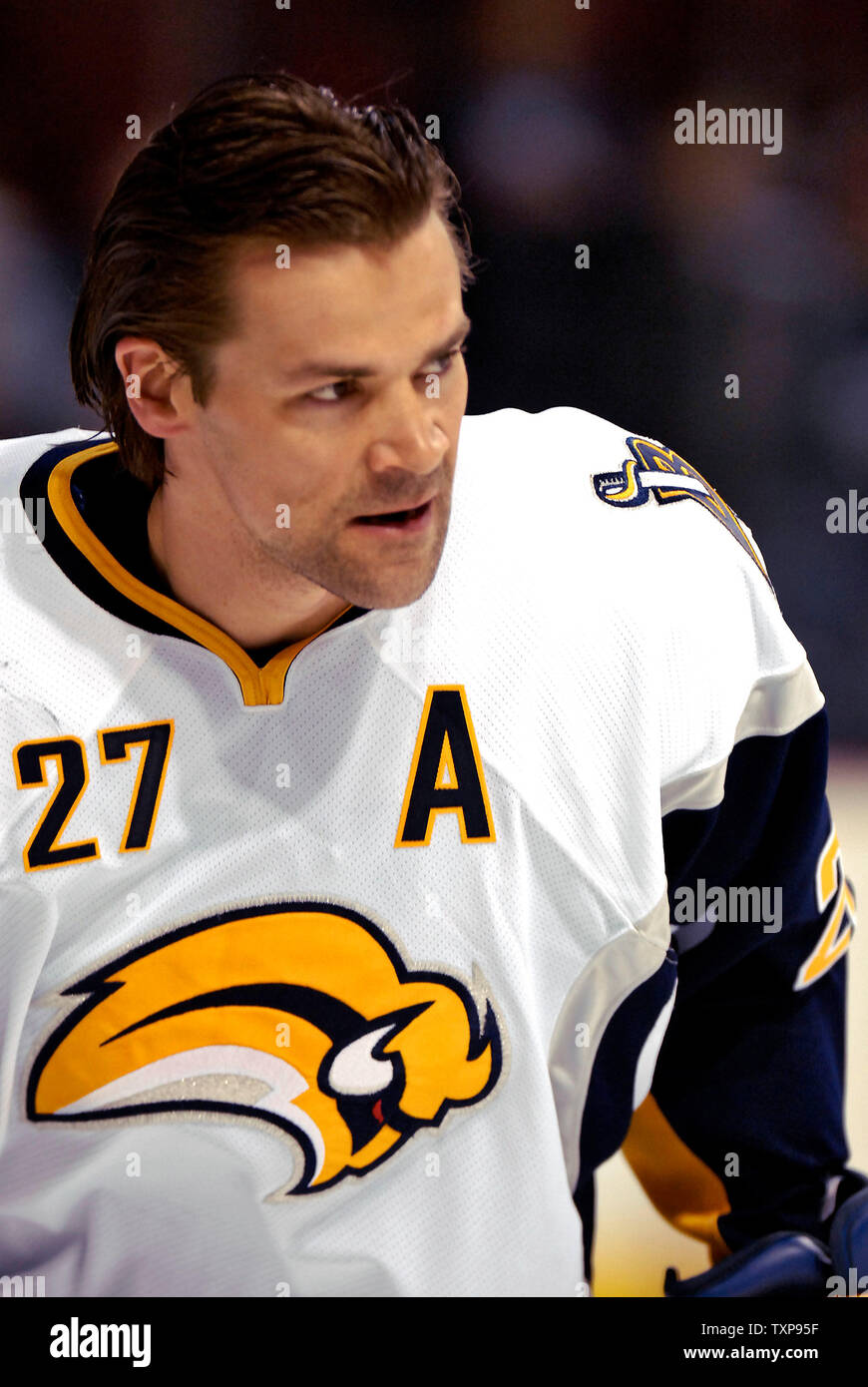 Assistant captain and defenseman for the Buffalo Sabres Teppo Numminen of  Finland warms up with his team before the start of the game against the  Boston Bruins on January 15, 2007 at