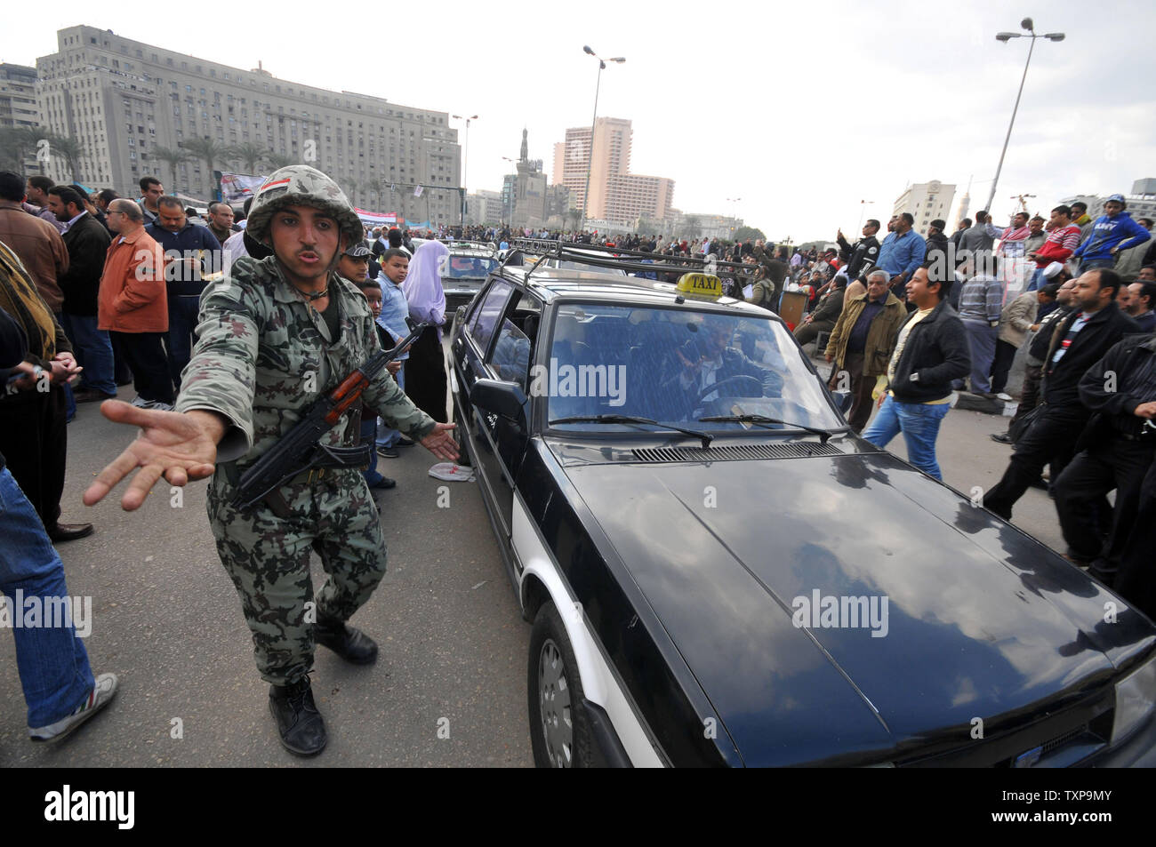Egyptian soldiers keep traffic moving in Egypt's Tahrir Square, as most protester have packed up and gone home following the 18-day stand off which led to the resignation of President Hosni Mubarak following his 30 year rule, February 13, 2011. UPI Stock Photo