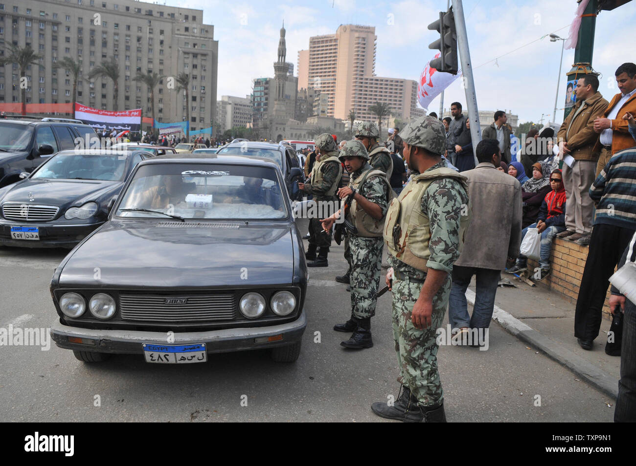 Egyptian soldiers keep traffic moving in Egypt's Tahrir Square, as most protester have packed up and gone home following the 18-day stand off which led to the resignation of President Hosni Mubarak following his 30 year rule, February 13, 2011. UPI Stock Photo