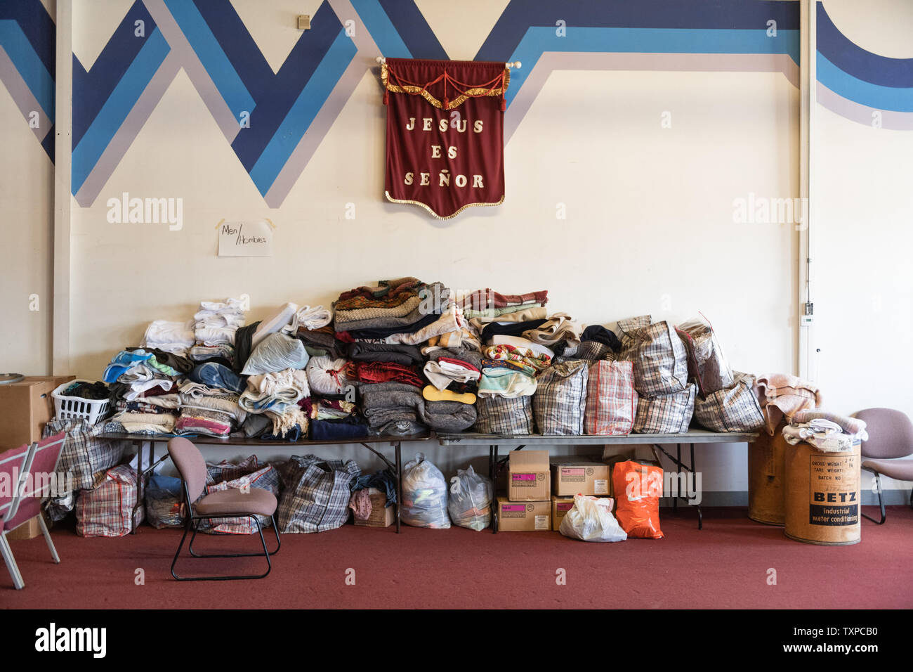 Clothing donations sit waiting for migrants at Camino de Vida in El Paso, Texas on March 22, 2019. Border Patrol detention centers have soared past capacity, prompting the mass release of migrants. ICE is set to release upwards of 600 migrants per day from March 22 through March 24.      Photo by Justin Hamel/UPI Stock Photo
