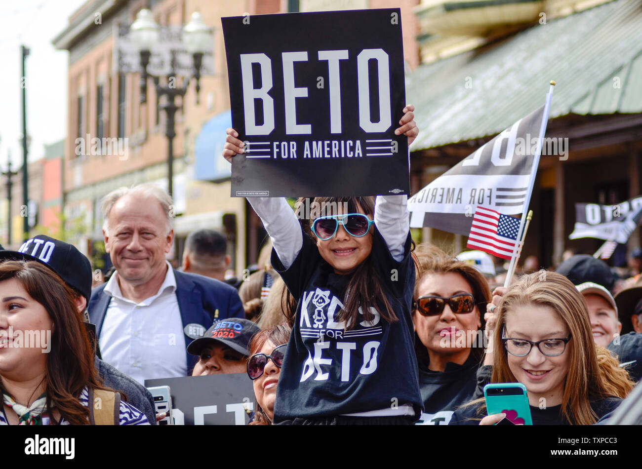 A young girl holds a sign in support of Democratic presidential candidate Beto O'Rourke holds a sign during the kick off campaign rally on March 30, 2019. The event is the first of three rallies in Texas to launch O'Rourke's presidential bid. Rallies in Houston and Austin are scheduled later. O'Rourke is stepping into the race following his rise to the national spotlight following a high profile campaign for the U.S. Senate, which he lost to incumbent Ted Cruz in the 2018 elections.   Photo by Natalie Krebs/UPI Stock Photo