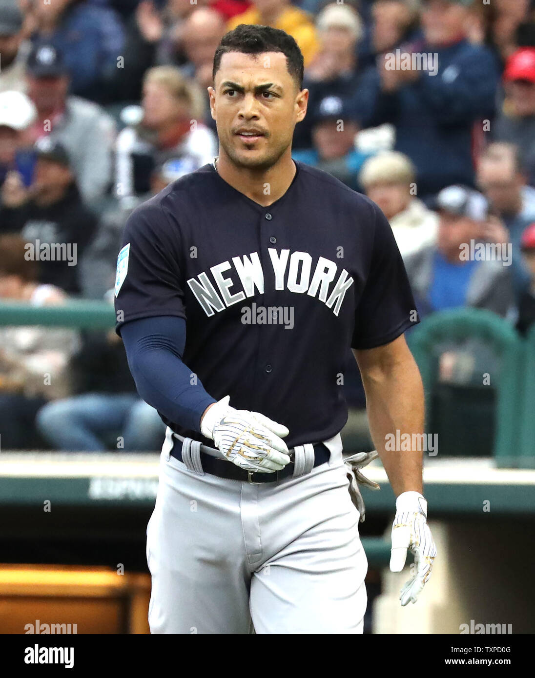 New York Yankees Giancarlo Stanton heads to the dugout after batting  against the Atlanta Braves during a spring training game at Champion Stadium  in Kissimmee, Florida on March 18, 2019. Photo by