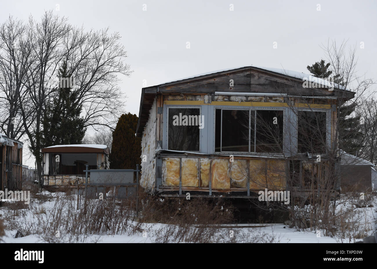 Remnants of the Sunset Village mobile home park sit in ruins in Flint, Michigan, March 5, 2016.  Photo by Molly Riley/UPI Stock Photo