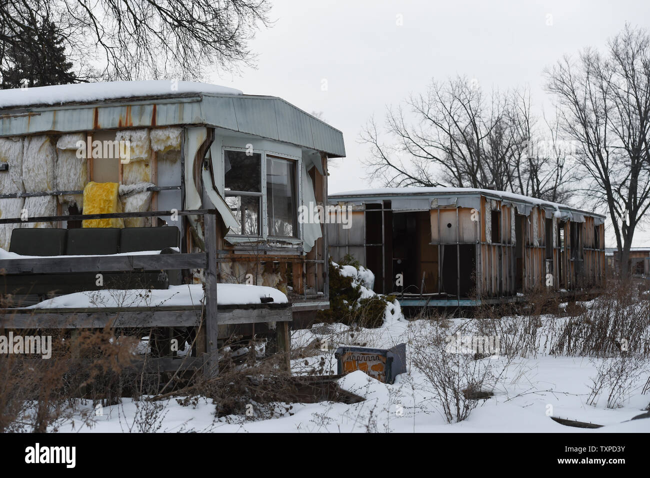 Remnants of the Sunset Village mobile home park sit in ruins in Flint, Michigan, March 5, 2016.  Photo by Molly Riley/UPI Stock Photo