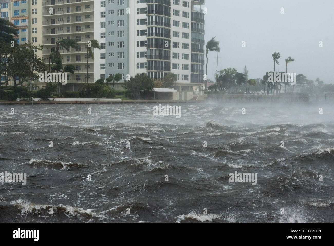 Gusting winds pickup the oceans water in the International Coastal Waterway as hurricane Irma lands in Delray Beach, Florida on September 10, 2017. Irma is hitting the west coast of Florida.       Photo by Ken Cedeno/UPI Stock Photo
