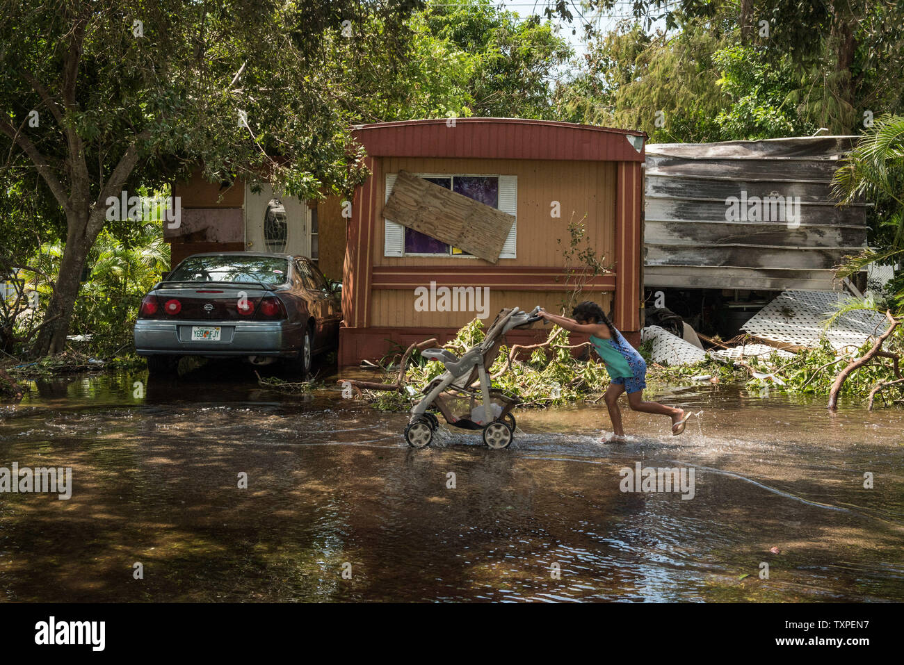 A little girl pushes a stroller in the flooded streets of Southwind Village Trailer  Park after Hurricane Irma slammed into Naples, Florida on September 12,  2017. Irma struck Naples and the west