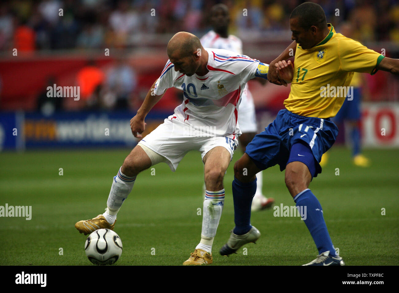 Frances Zinedine Zidane and Brazil's Silva Gilberto (17) fight for the ball during their quarterfinal game in  Frankfurt, Germany on July 1, 2006. France defeated Brazil 1-0 and will next face Germany in a semi-final match up. (UPI  Photo / Arthur Thill) Stock Photo