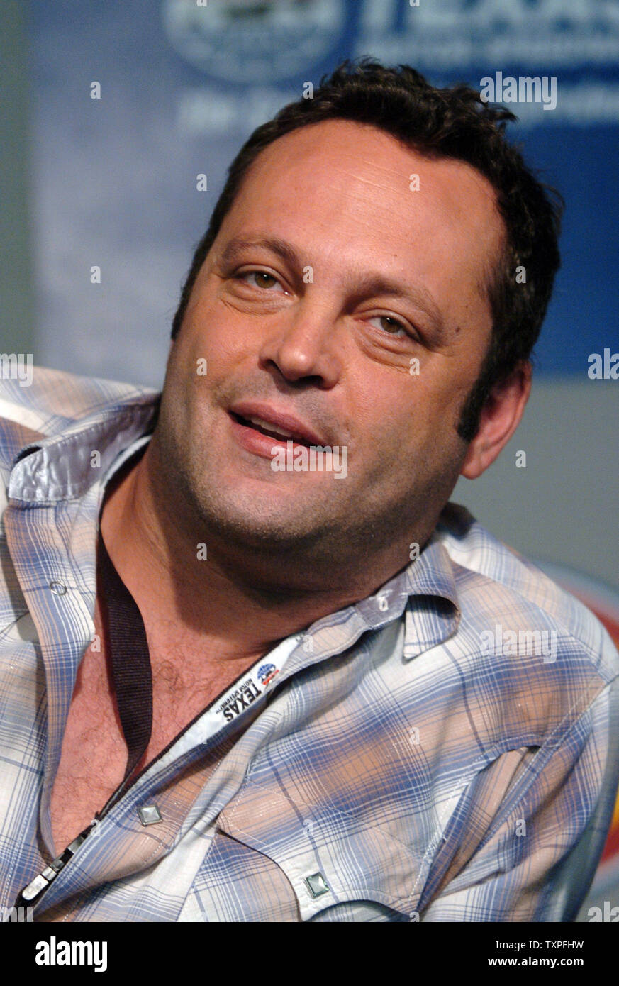 Actor Vince Vaughn speaks to the media prior to theNASCAR Dickies 500 at Texas Motor Speedway in