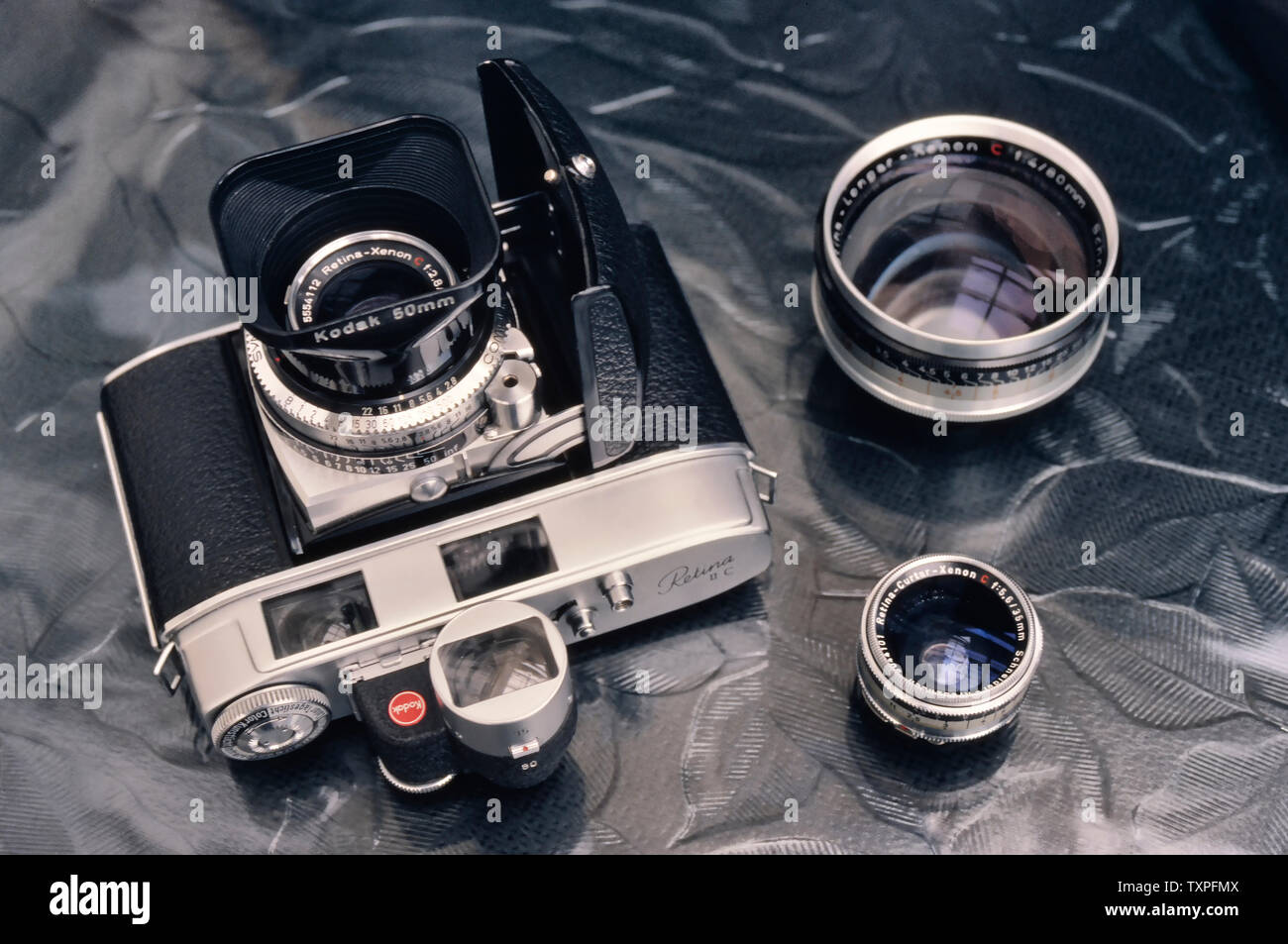 Kodak Retina 11C, rangefinder camera, with accessories, made in Stuttgart, Germany. Stock Photo