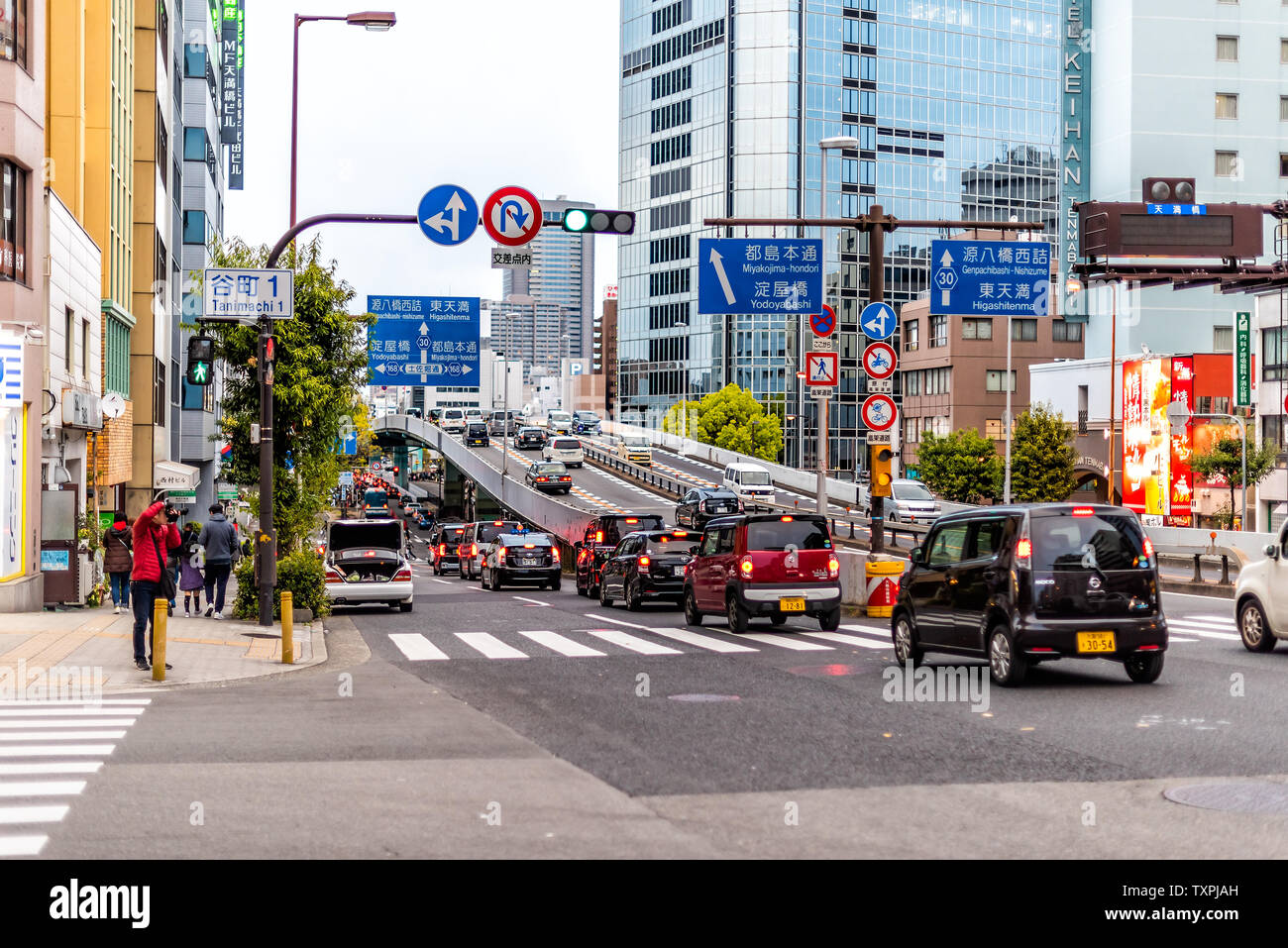 Osaka, Japan - April 13, 2019: View of downtown traffic jam