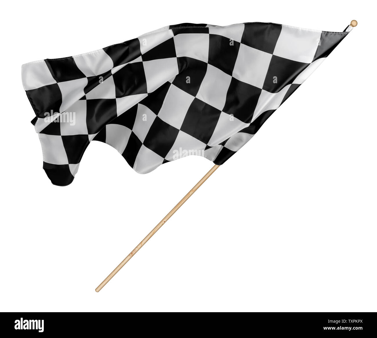Black white race chequered or checkered flag with wooden stick isolated background. motorsport car racing symbol concept Stock Photo