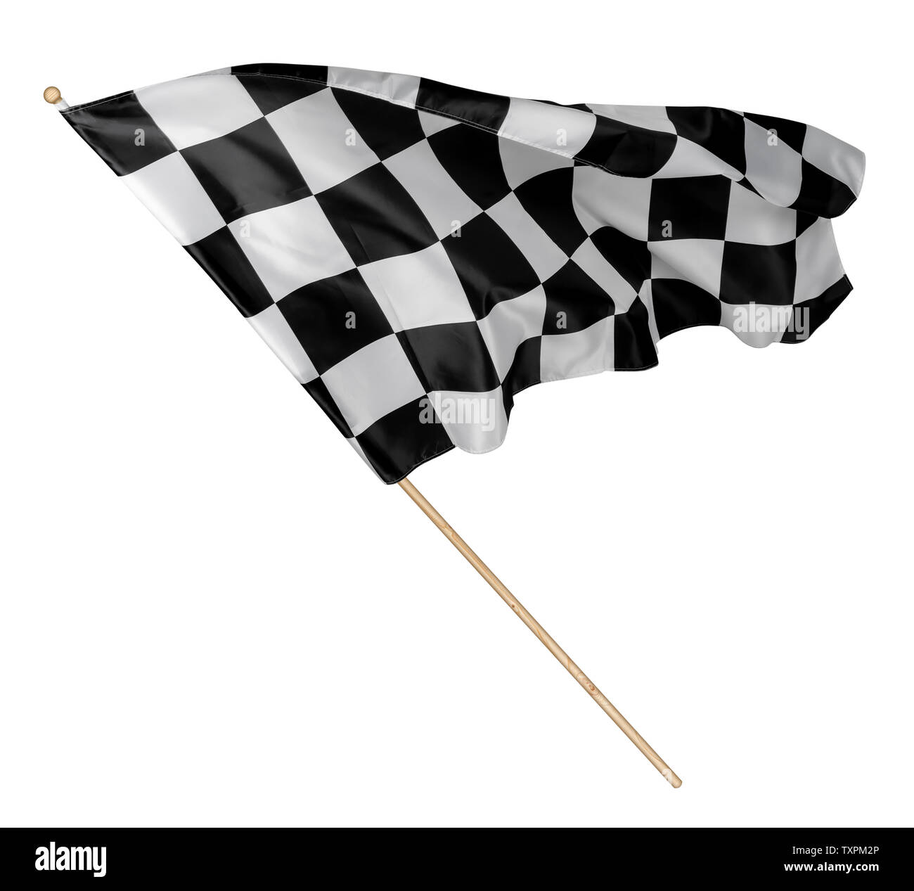 Black white race chequered or checkered flag with wooden stick isolated background. motorsport car racing symbol concept Stock Photo