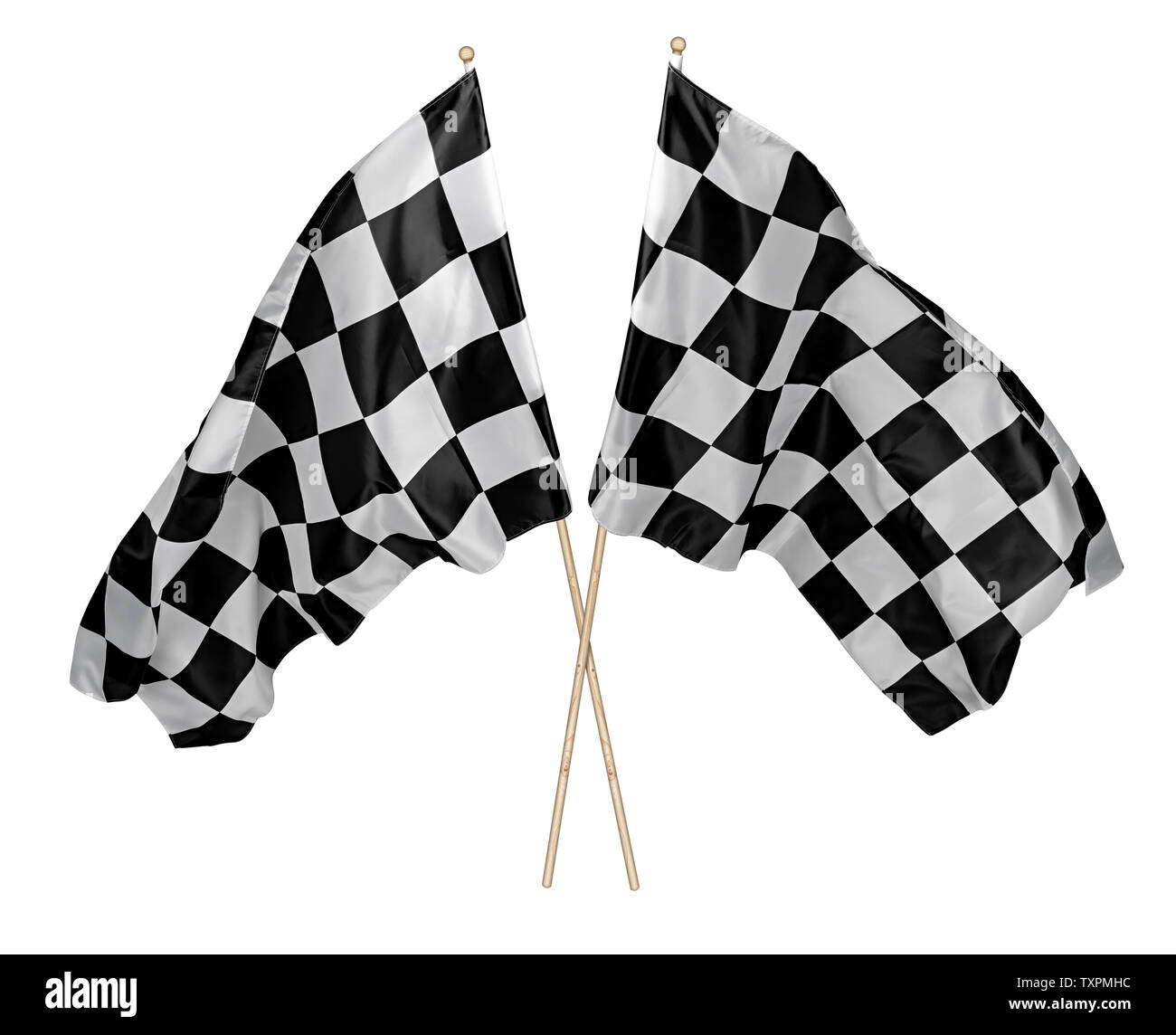 Two crossed pair of waving black white chequered flag with wooden stick motorsport sport and racing concept isolated background Stock Photo