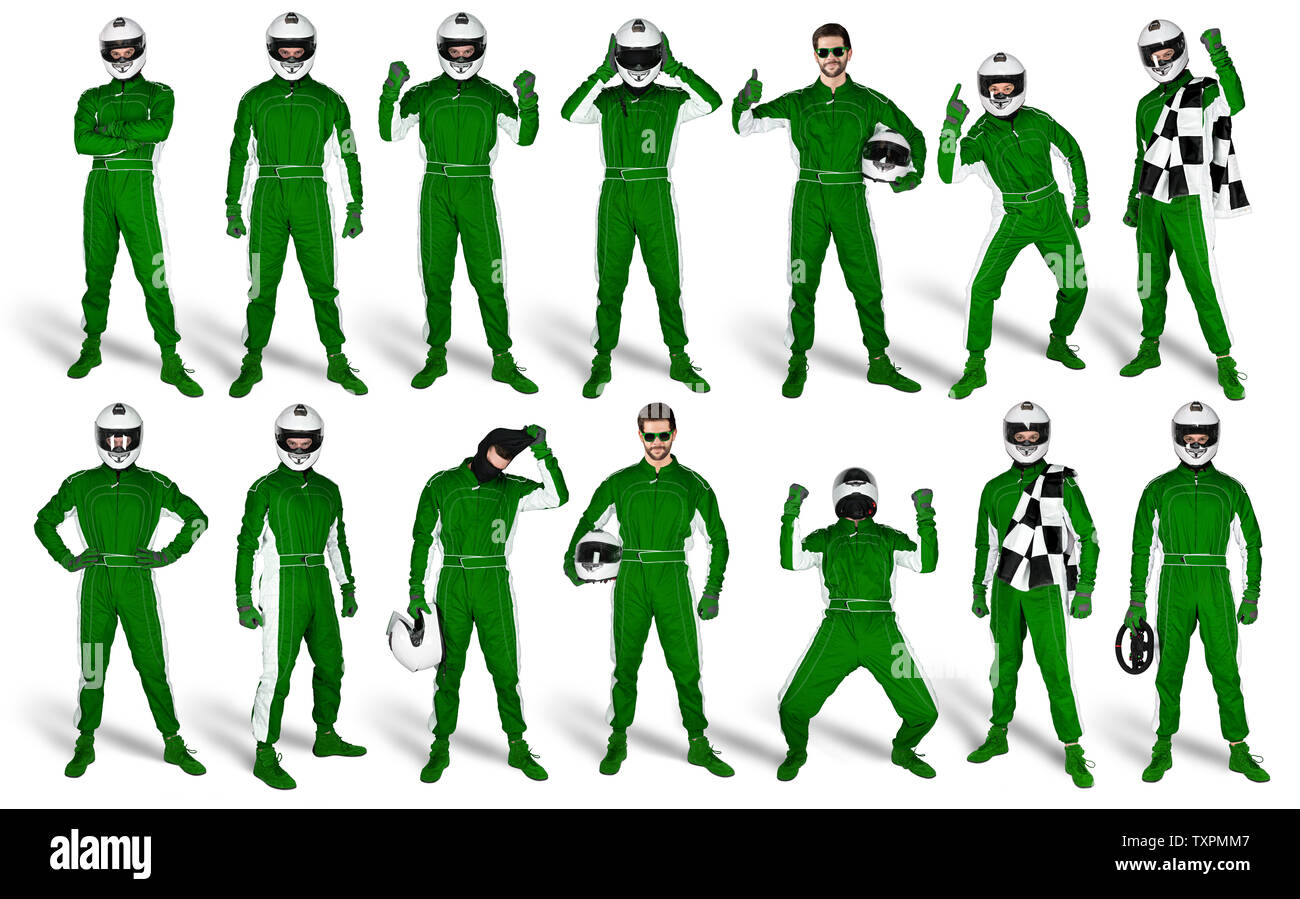 Set Collection of race driver with green overall saftey crash helmet and chequered checkered flag isolated on white background. motorsport car racing Stock Photo