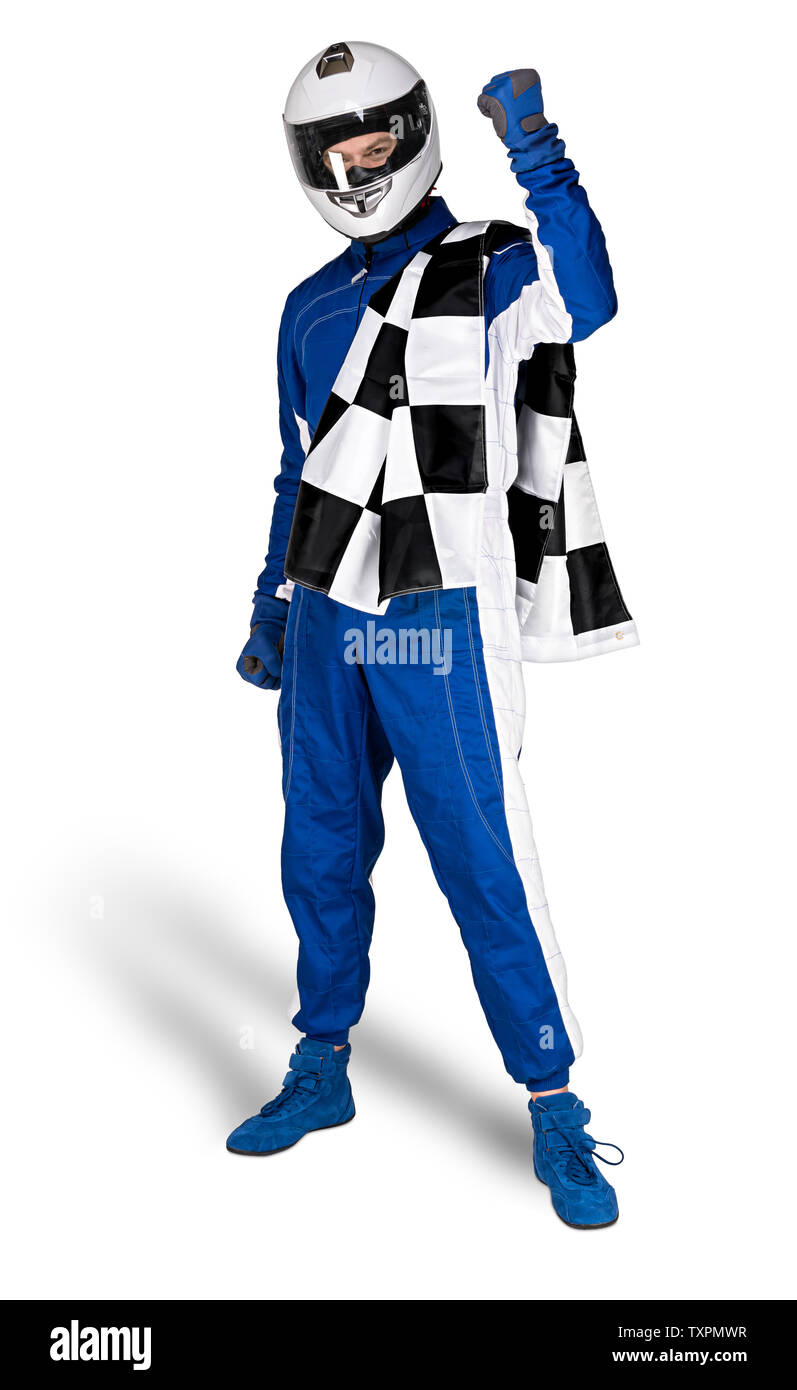 Determined race driver in blue white motorsport overall shoes gloves integral safety crash helmet and chequered checkered flag isolated on white backg Stock Photo