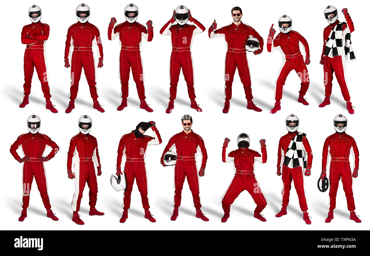 Set Collection of race driver with red overall saftey crash helmet and chequered checkered flag isolated on white background. motorsport car racing sp Stock Photo