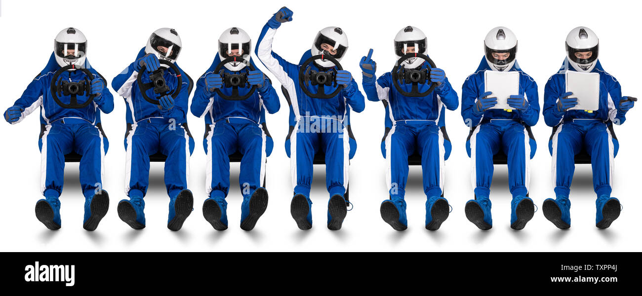 Race or rally driver and co-pilot passenger set collection driving reading the pacenote book on racing bucket seat abstract funny motorsport concept e Stock Photo