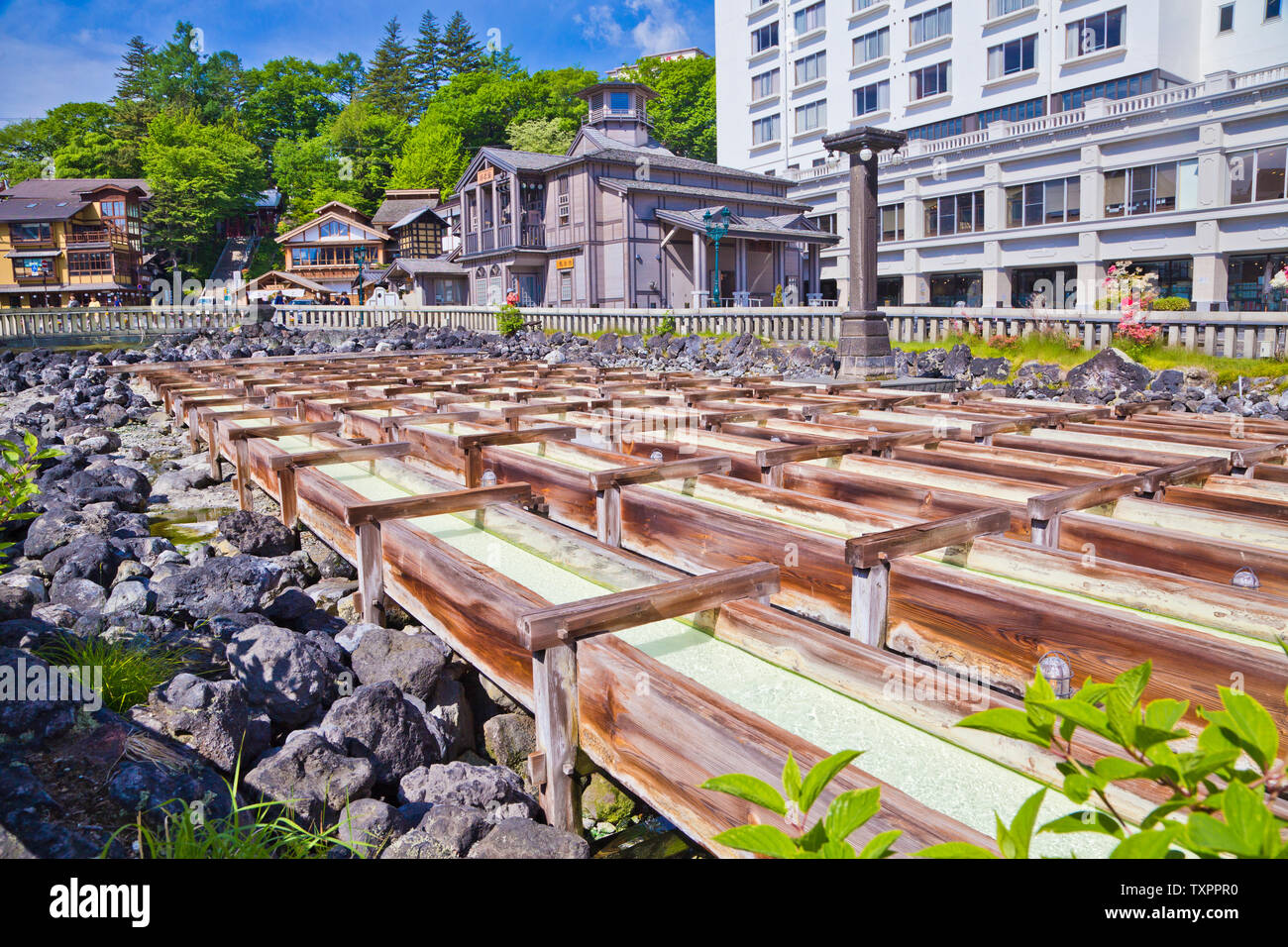 Yubatake onsen, hot spring wooden boxes with mineral water in Kusatsu  onsen, Gunma prefecture, Japan Stock Photo - Alamy