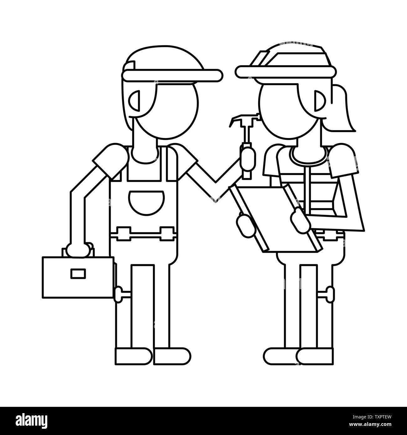 Construction workers with tools cartoons in black and white faceless Stock Vector