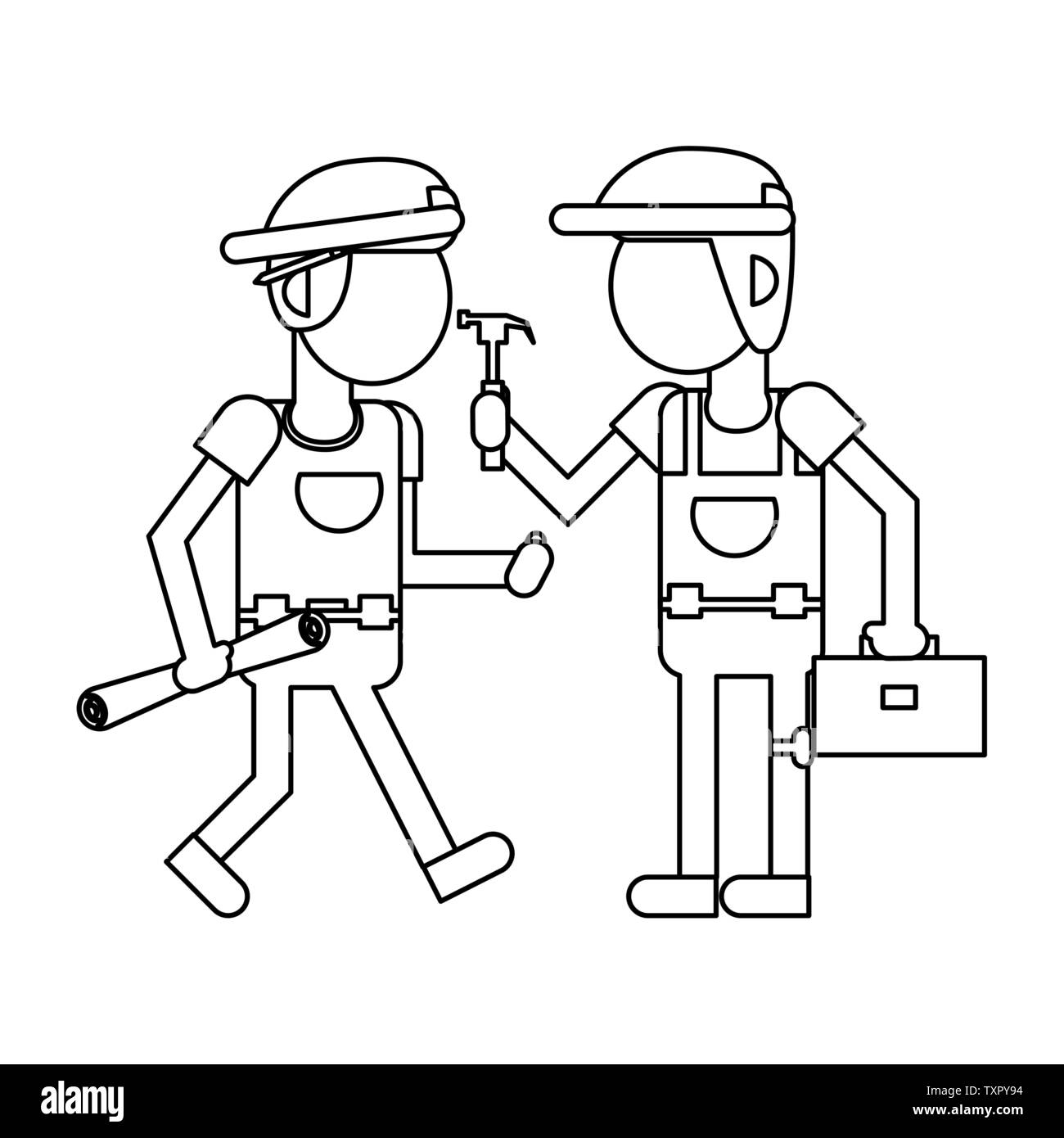 Construction workers with tools cartoons in black and white faceless Stock Vector