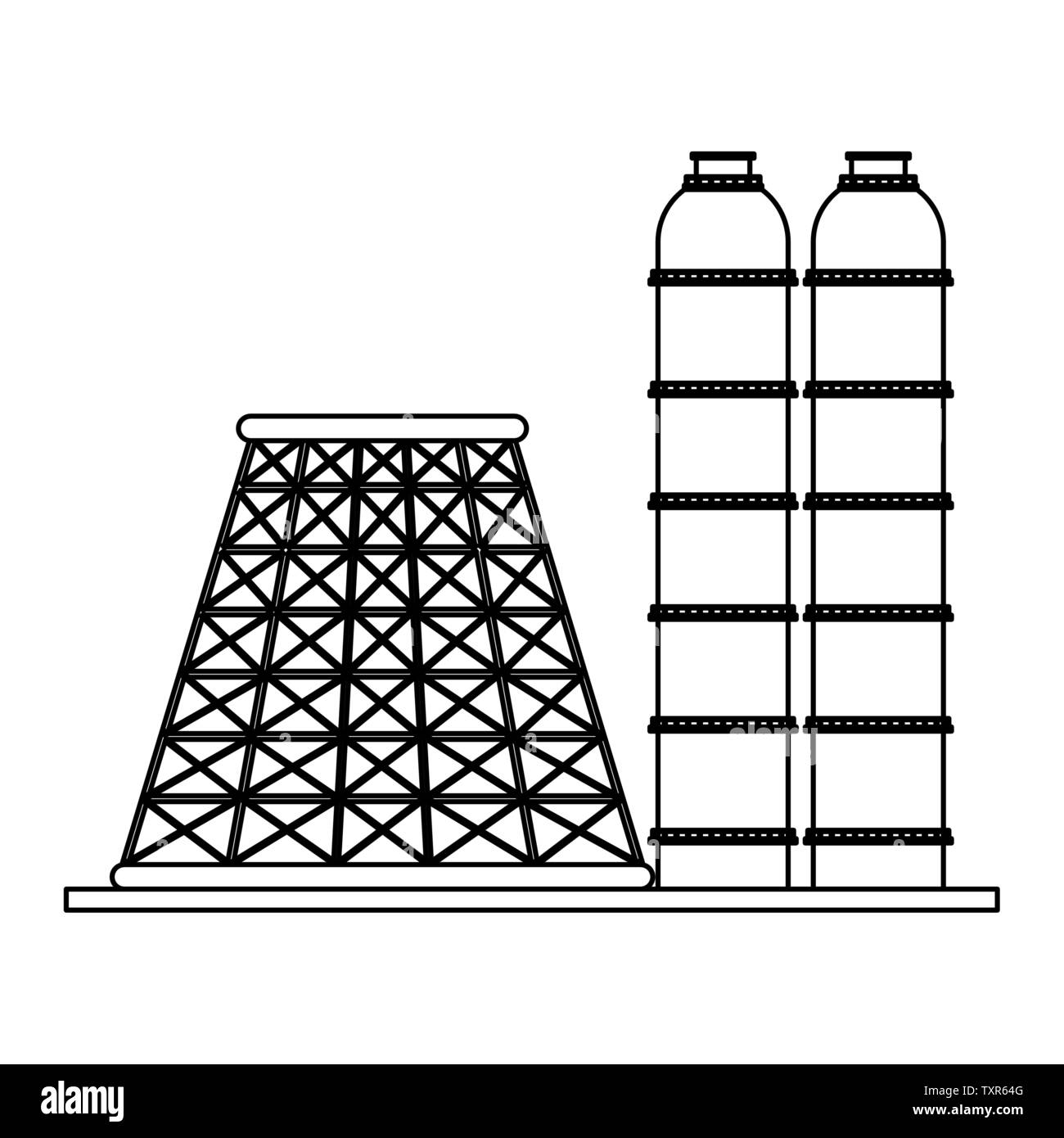 Petroleum oil refinery plant with machinery in black and white Stock Vector