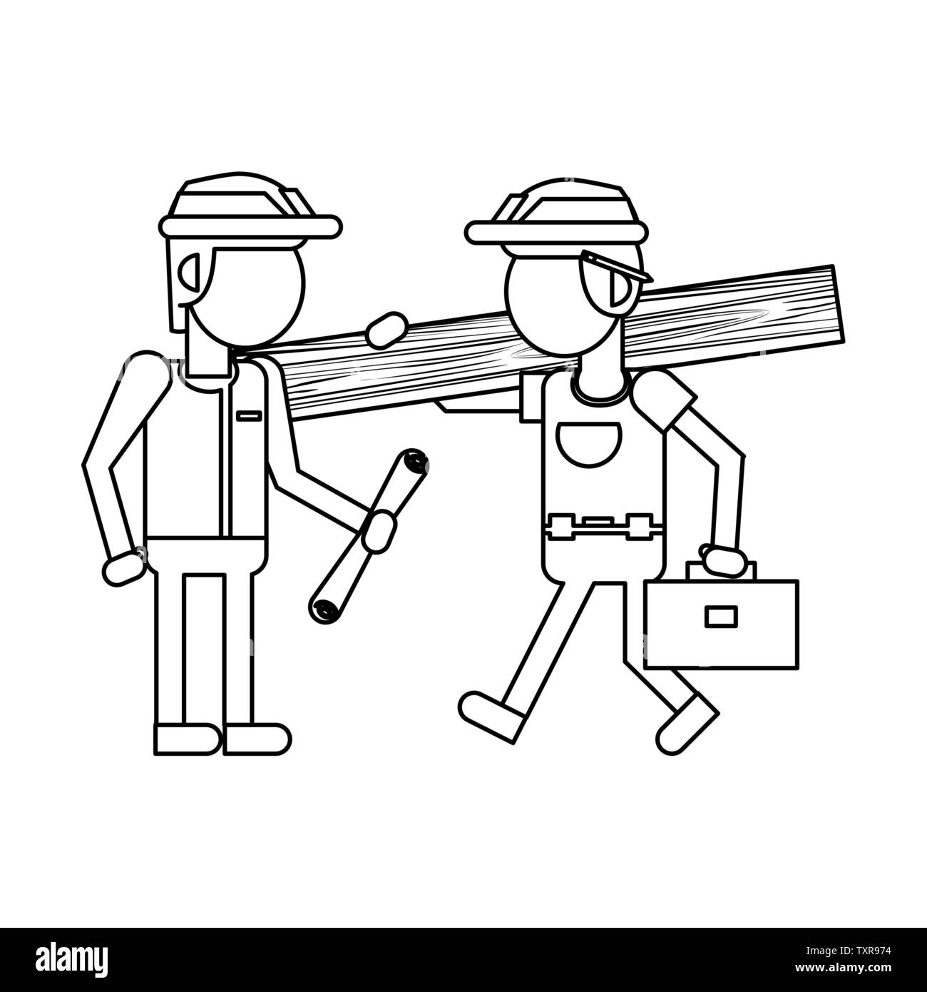 Construction workers with tools cartoons in black and white faceless Stock Vector