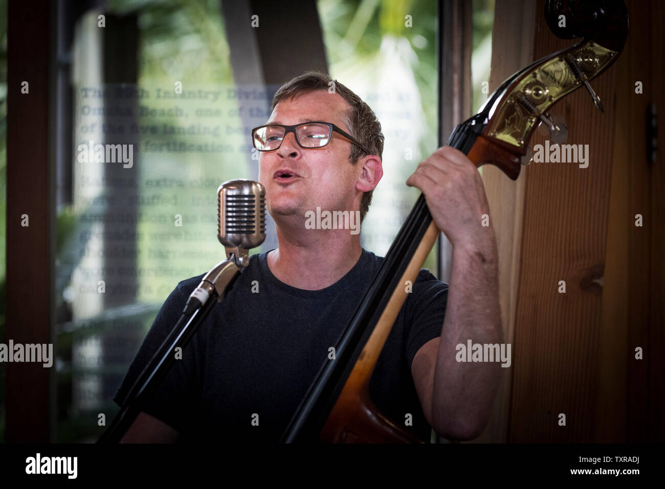 A double bass player singing into a Shure 55SH Series II Unidyne Vocal  Microphone Stock Photo - Alamy