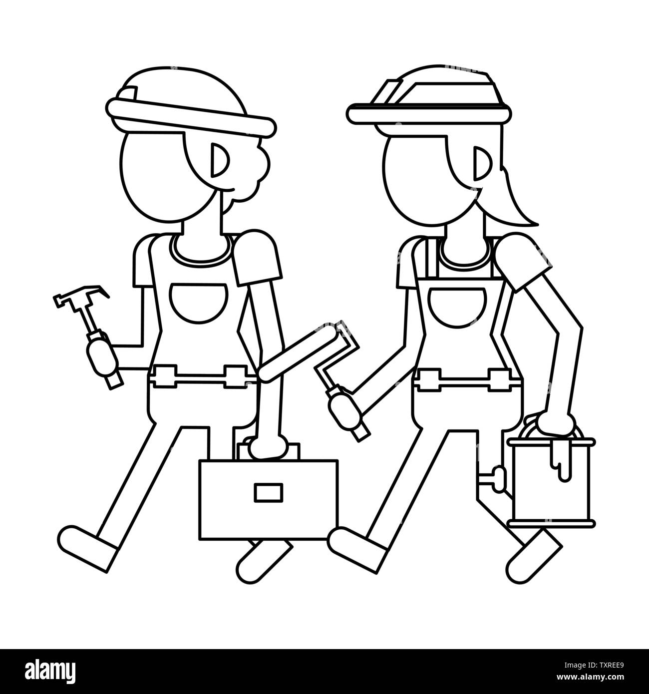 Construction workers with tools cartoons in black and white faceless Stock Vector