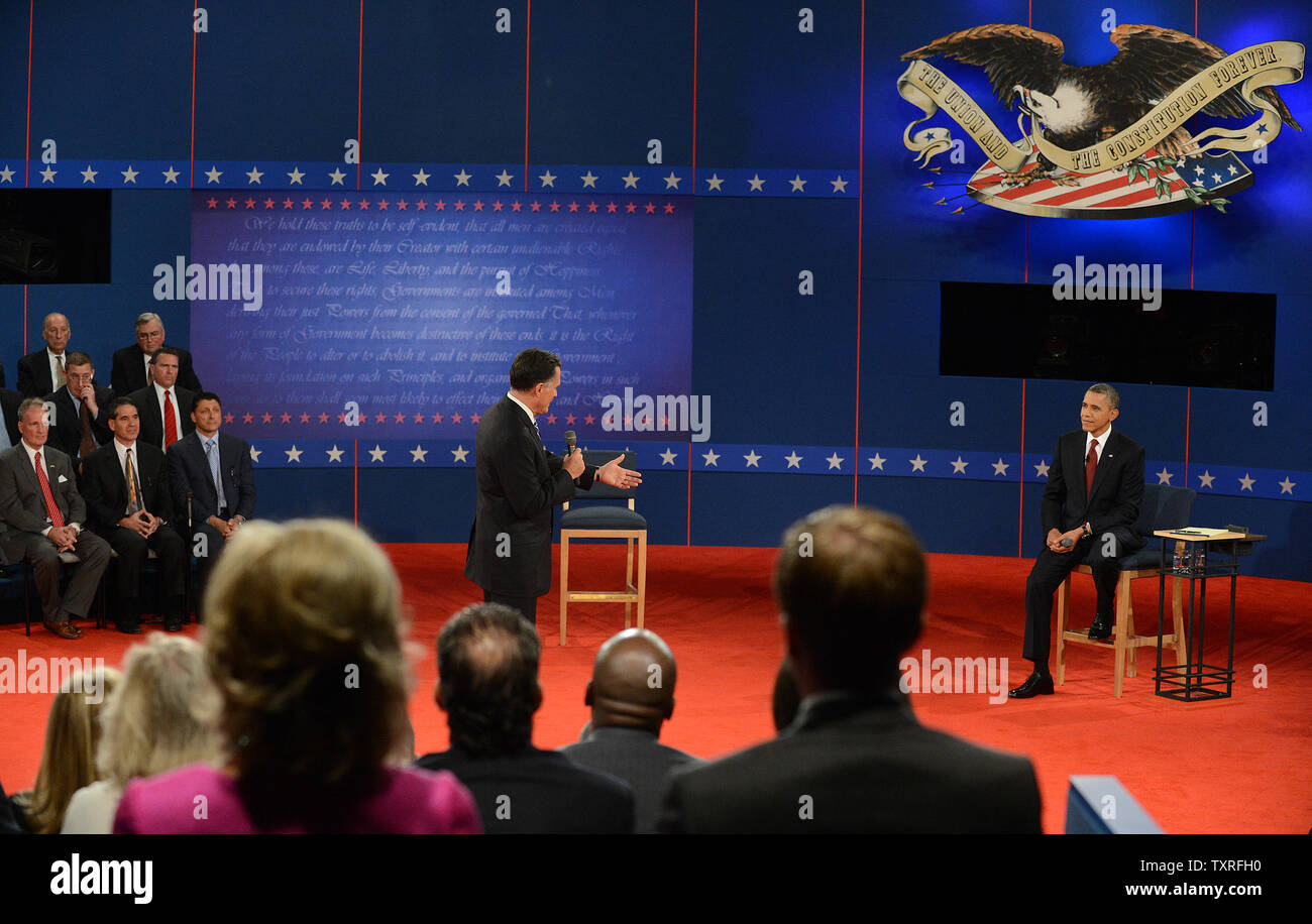 Republican nominee Mitt Romney talks to President Barack Obama at the second Presidential Debate, Town-Hall style, at Hofstra University on October 16, 2012 in Hempstead, New York.     UPI/Pat Benic Stock Photo