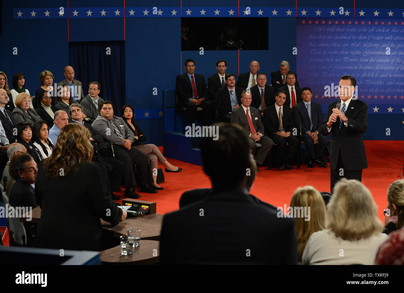 Republican nominee Mitt Romney responds to a question during the second Presidential Debate, Town-Hall style, at Hofstra University on October 16, 2012 in Hempstead, New York.     UPI/Pat Benic Stock Photo