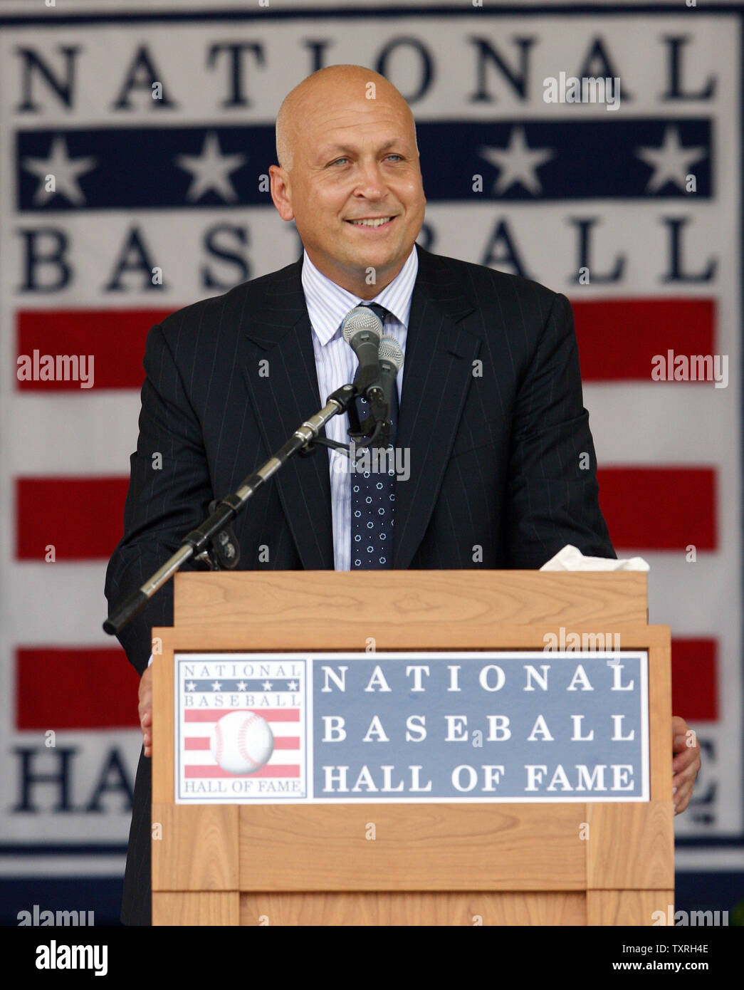 National Baseball Hall of Fame's newest member Cal Ripken Jr., delivers his speech during induction ceremonies in Cooperstown, New York on July 29, 2007.  (UPI Photo/Bill Greenblatt) Stock Photo