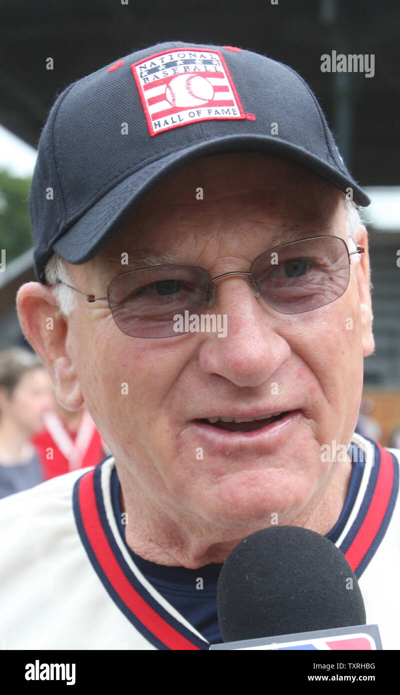Member of the National Baseball Hall of Fame  Harmon KIllebrew talks with reporters after participation in 'Play Ball,' during Induction week in Cooperstown, New York on July 24, 2009. Former players Rickey Henderson, Jim Rice and Joe Gordon will be welcomed into the hall as the Class of 2009 on July 26. (UPI Photo/Bill Greenblatt) Stock Photo