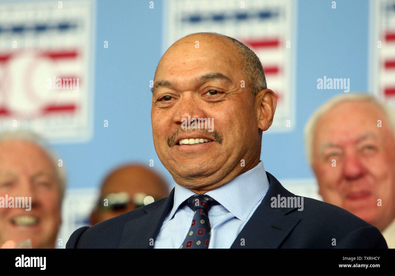 National Baseball Hall of Fame member Reggie Jackson smiles toward the crowd as he takes his place on stage before induction ceremonies for new members Rickey Henderson and Jim Rice in Cooperstown, New York on July 26, 2009.  (UPI Photo/Bill Greenblatt) Stock Photo