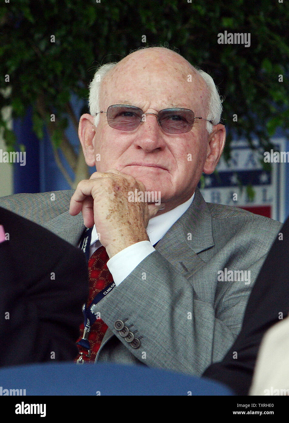 National Baseball Hall of Fame member Harmon Killebrew listens during induction ceremonies for new members Rickey Henderson and Jim Rice in Cooperstown, New York on July 26, 2009.  (UPI Photo/Bill Greenblatt) Stock Photo