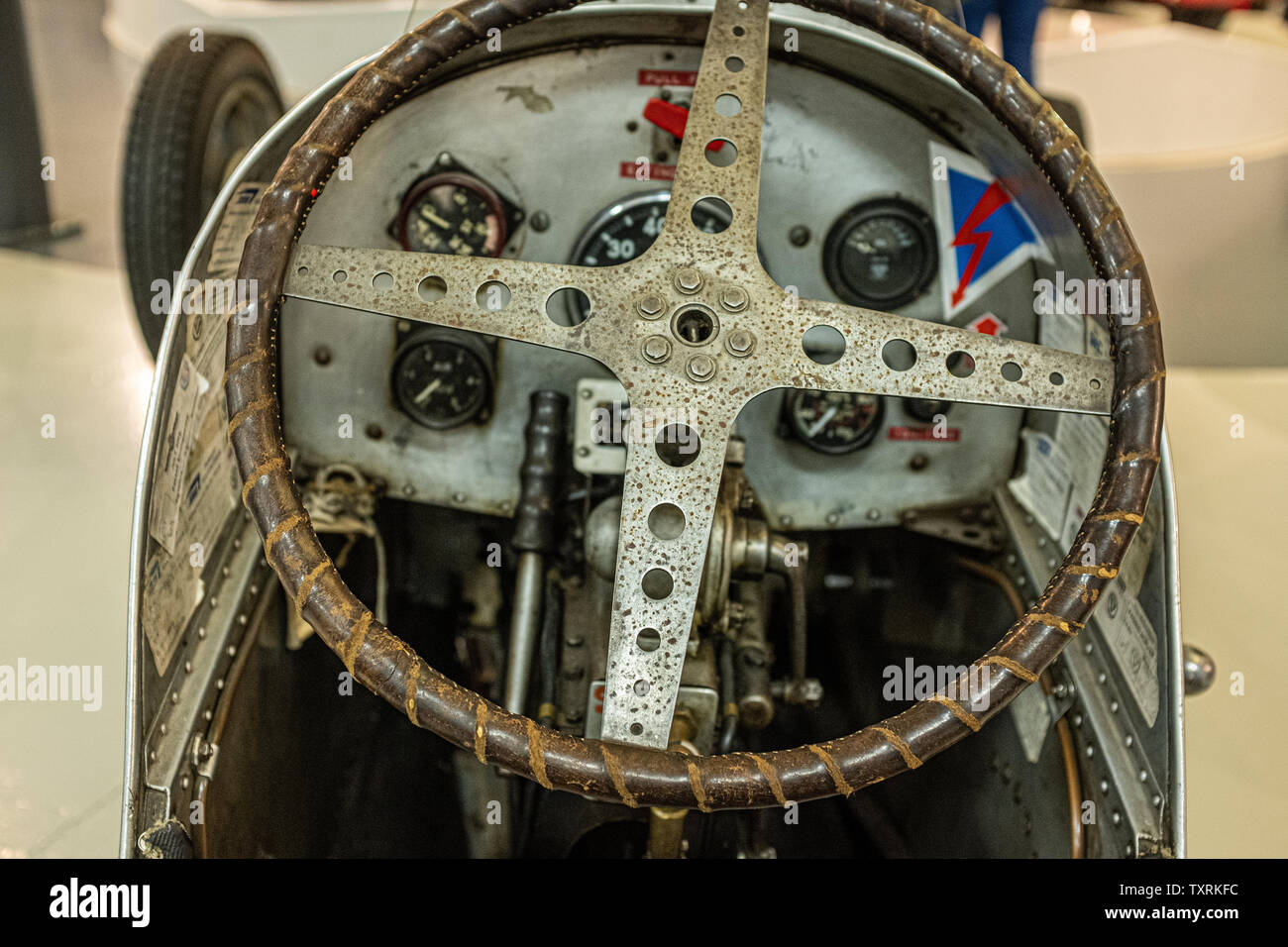 Well-worn steering wheel on a 1938 Issigonis Lightweight Special, built by Alec Issigonis and George Dowson. British Motor Museum, Gaydon, UK Stock Photo