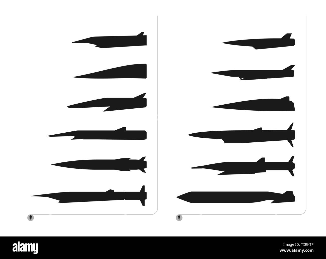 Set of black silhouette hypersonic rockets are isolated on a white background. The set has different forms and size of the rockets. Stock Vector